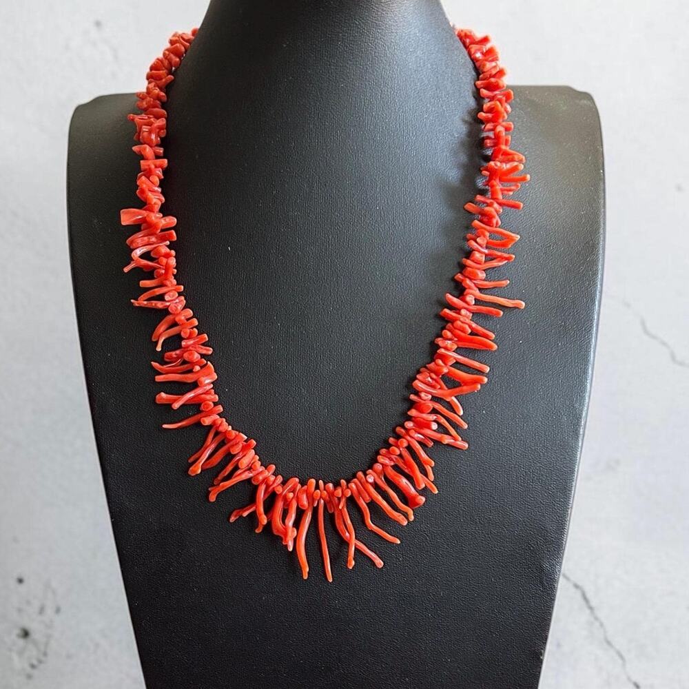 Natural Branch Red Coral Necklace 1/20 12K Gold Filled Clasp, Graduated Fringe